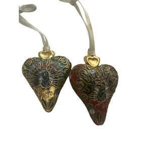 Two Small Cloisonne Heart Ornament Peacock Embossed Design